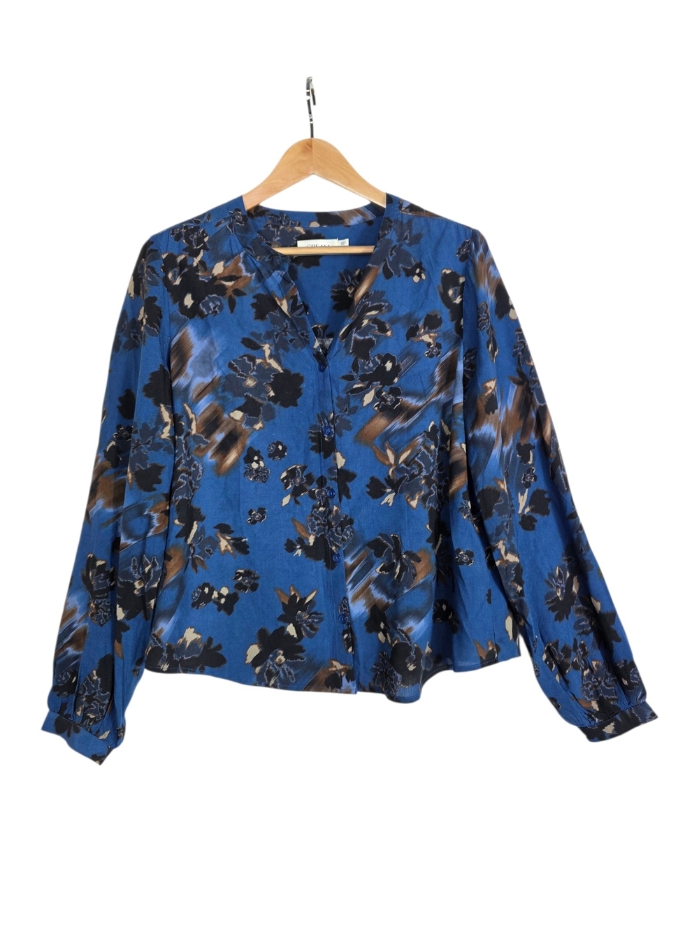 Cream Blue Floral V-Neck Long Sleeve Women's Blouse
